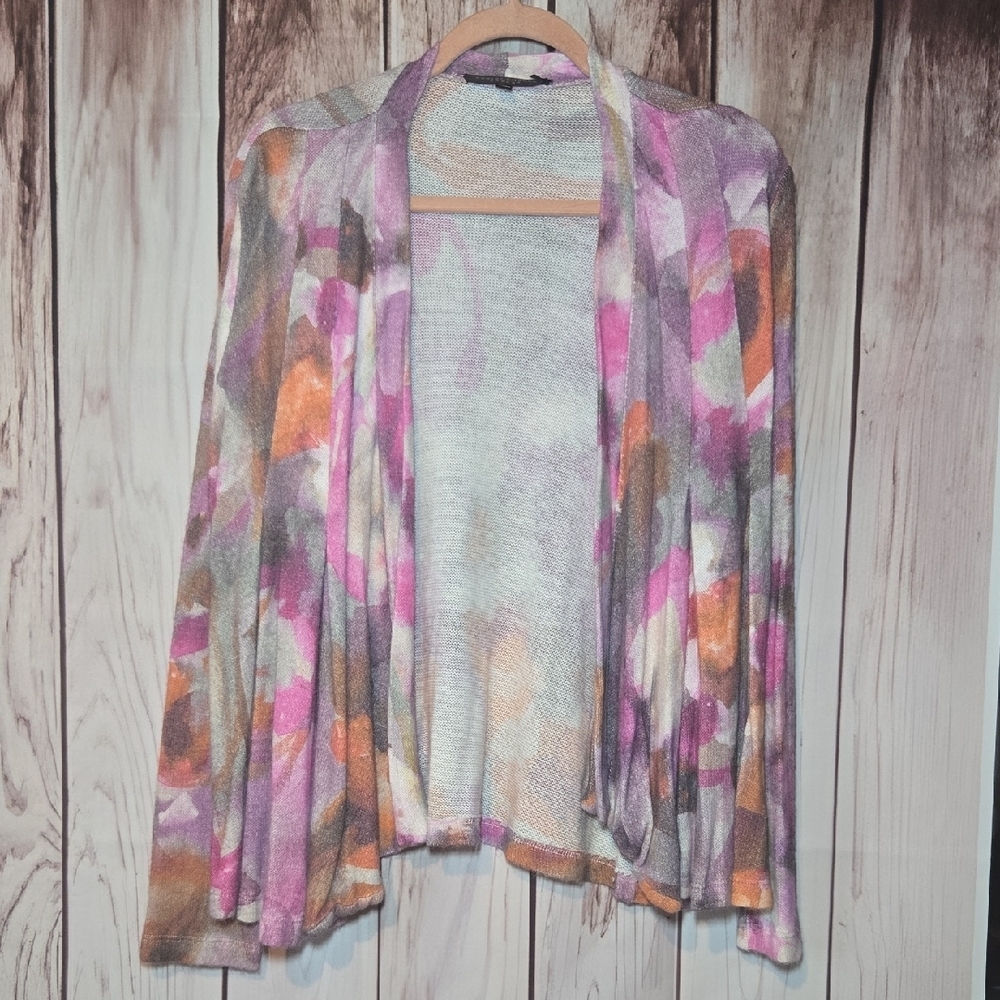 Robert Kitchen Pink, Orange And Gray Watercolor Cardigan Sweater Womens Medium